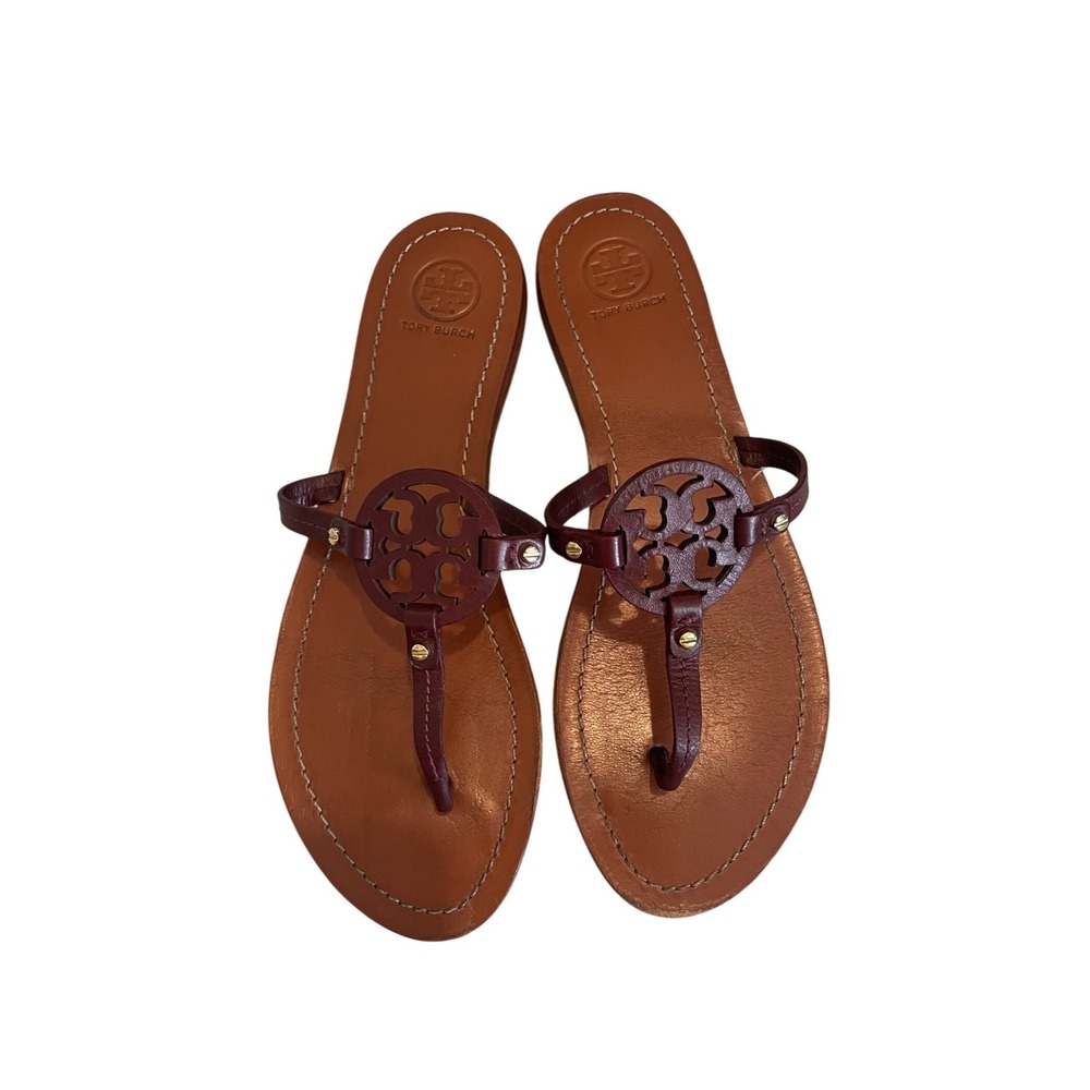 Tory Burch Miller Sandals Burgundy Leather Logo Thong Flats Size 8.5
